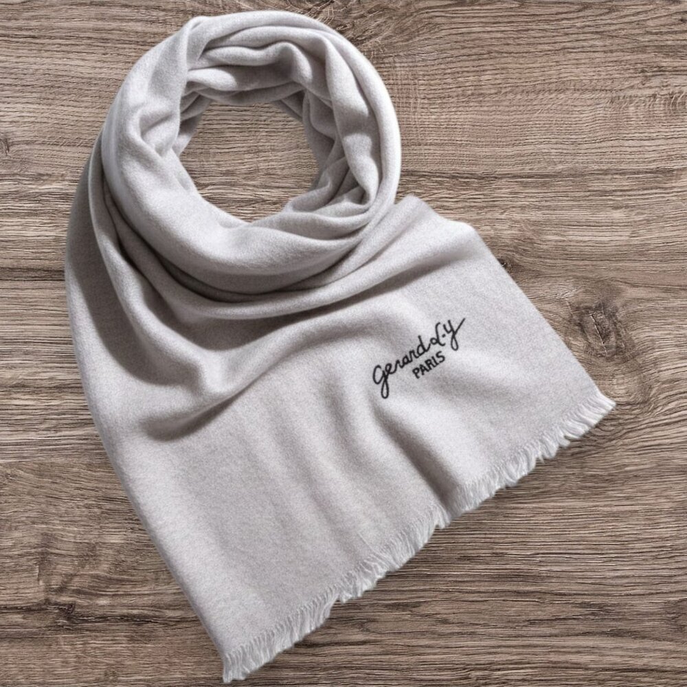 Gerard Darel Paris Off White Fringe Logo Scarf Soft Lightweight Chic Winter Wrap